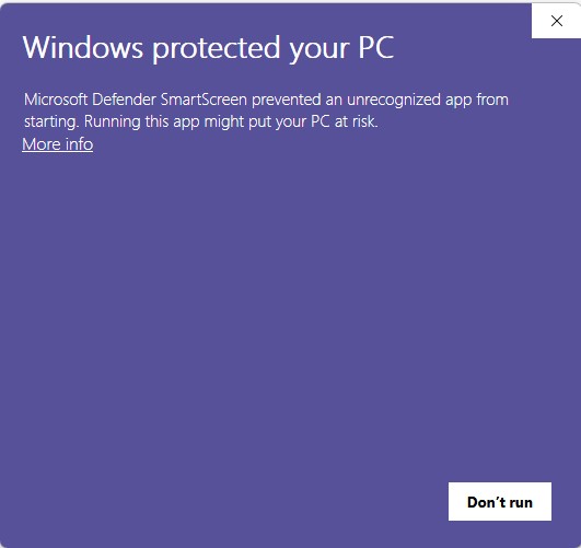 Windows SmartScreen message with 'More info' highlighted