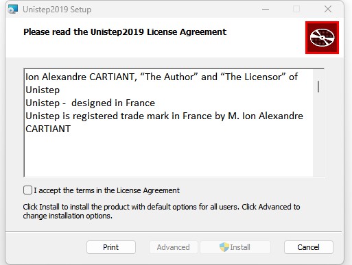 Standard Windows installer steps for Unistep