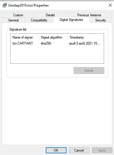 Digital signature details on the Unistep MSI file